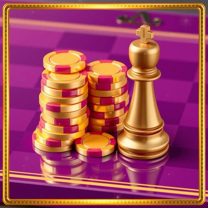 Stacked game chips beside a carved chess knight at Jaiho Play